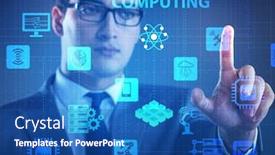  Presentation with quantum computing - Beautiful slides featuring businessman-pressing-virtual-button backdrop and a ocean colored foreground