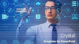  Presentation with quantum computing - Slides having businessman-pressing-virtual-button background and a teal colored foreground