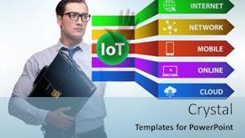  Presentation with iot - Cool new PPT layouts with businessman-pressing-virtual-button backdrop and a light blue colored foreground