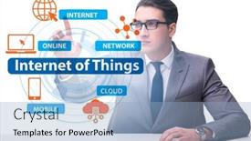  Presentation with iot - Colorful presentation theme enhanced with businessman-pressing-virtual-button backdrop and a light blue colored foreground