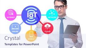  Presentation with iot - Colorful slide deck enhanced with businessman-pressing-virtual-button backdrop and a sky blue colored foreground