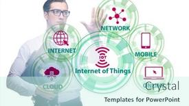  Presentation with iot - Audience pleasing slide deck consisting of businessman-pressing-virtual-button backdrop and a cool aqua colored foreground
