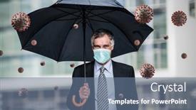  Presentation with covid coronavirus - Presentation enhanced with businessman-protecting-himself background and a ocean colored foreground