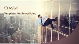  Presentation with effort - Slide set featuring businessman pulling a rope with effort against image of a city landscape on a sunny day background and a cream colored foreground