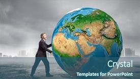  Presentation with green planet - Amazing PPT theme having businessman pushing big earth planet backdrop and a ocean colored foreground