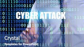  Presentation with cyber attack - Colorful PPT layouts enhanced with businessman pushing button cyber attack backdrop and a ocean colored foreground