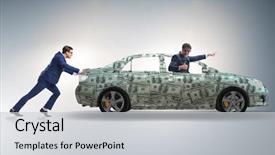  Presentation with car business - Audience pleasing slide set consisting of businessman pushing car in business backdrop and a light gray colored foreground