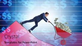  Presentation with people lost money fired businessman - Amazing slide deck having businessman-pushing-money-wheelbarrow-down backdrop and a coral colored foreground