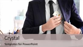  Presentation with bribe - Audience pleasing slide set consisting of businessman putting bribe in pocket backdrop and a light gray colored foreground