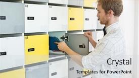  Presentation with files - Cool new PPT theme with businessman putting files in locker backdrop and a sky blue colored foreground