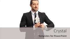  Presentation with people lost money fired businessman - Beautiful slide deck featuring corruption - businessman putting money in his backdrop and a light gray colored foreground