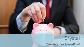  Presentation with piggy bank - Colorful presentation theme enhanced with businessman-putting-money backdrop and a light blue colored foreground