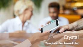  Presentation with online payment - Amazing PPT layouts having businessman putting smartphone on terminal backdrop and a coral colored foreground