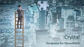  Presentation with together puzzle pieces - PPT theme with businessman putting together jigsaw puzzle background and a  colored foreground