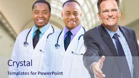  Presentation with shake hand - PPT layouts consisting of businessman reaching for a hand background and a sky blue colored foreground