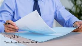  Presentation with contract - PPT theme having businessman reading a contract before signing it in the office background and a light blue colored foreground