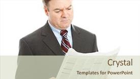  Presentation with bad news - Beautiful presentation theme featuring businessman reading bad news in the newspaper could be financial or political news isolated on white backdrop and a soft green colored foreground