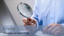  Presentation with magnifying glass - Presentation design with businessman-reading-online-documents background and a teal colored foreground