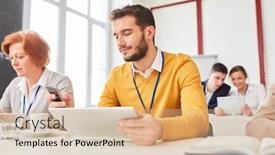  Presentation with sms - Colorful PPT theme enhanced with businessman reads and sends sms and holds tablet in seminar backdrop and a lemonade colored foreground