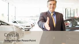  Presentation with hand shake - Cool new slide deck with businessman ready to shake hand at new car showroom backdrop and a mint green colored foreground