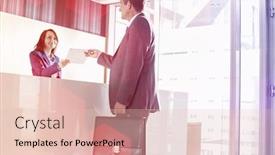  Presentation with receptionist - Audience pleasing PPT layouts consisting of businessman-receiving-document-from-receptionist backdrop and a lemonade colored foreground