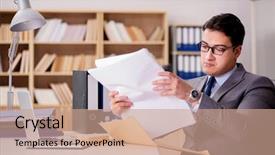  Presentation with envelope - Amazing slide deck having businessman receiving letter envelope in office backdrop and a coral colored foreground