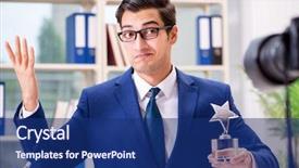  Presentation with award - PPT theme consisting of businessman recording a video background and a navy blue colored foreground