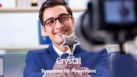  Presentation with award - Amazing presentation design having businessman recording a video backdrop and a ocean colored foreground