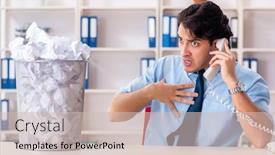  Presentation with new ideas - Cool new presentation theme with businessman rejecting new ideas with lots of papers backdrop and a soft green colored foreground