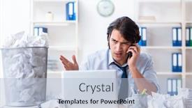  Presentation with new ideas - Audience pleasing presentation design consisting of businessman rejecting new ideas with lots of papers backdrop and a light blue colored foreground