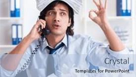  Presentation with new ideas - PPT theme featuring businessman-rejecting-new-ideas background and a light blue colored foreground