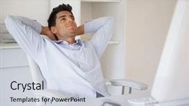  Presentation with clock and desk - Amazing slide set having businessman relaxing at desk leaning backdrop and a lemonade colored foreground