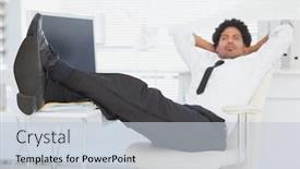  Presentation with office chair - Theme having businessman relaxing in his swivel chair with feet up in his office background and a lemonade colored foreground