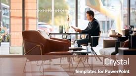  Presentation with lobby - PPT theme enhanced with businessman-relaxing-reading-magazine background and a  colored foreground