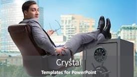  Presentation with safe - Beautiful PPT layouts featuring businessman-resting-putting-leg backdrop and a dark gray colored foreground
