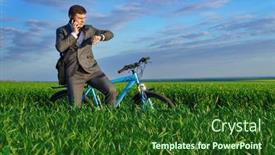  Presentation with checks - Slides featuring businessman-rides-a-bicycle background and a forest green colored foreground