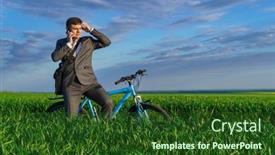  Presentation with rides - PPT theme having businessman-rides-a-bicycle background and a forest green colored foreground