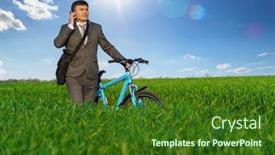  Presentation with rides - Presentation theme consisting of businessman-rides-a-bicycle background and a forest green colored foreground