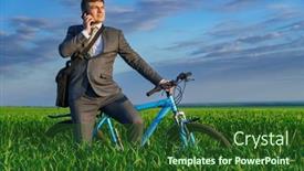  Presentation with rides - Presentation design having businessman-rides-a-bicycle background and a forest green colored foreground