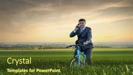  Presentation with rides - PPT theme with businessman-rides-a-bicycle background and a tawny brown colored foreground