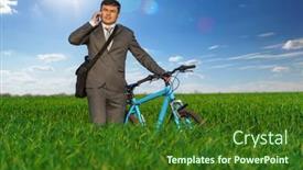  Presentation with rides - Slide deck enhanced with businessman-rides-a-bicycle background and a forest green colored foreground