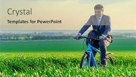 Presentation with rides - Presentation theme featuring businessman-rides-a-bicycle background and a soft green colored foreground