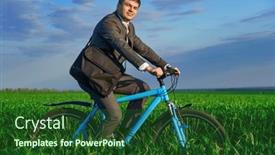  Presentation with rides - PPT theme with businessman-rides-a-bicycle background and a forest green colored foreground