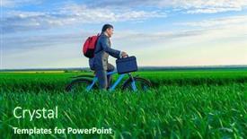  Presentation with rides - Presentation design enhanced with businessman-rides-a-bicycle background and a forest green colored foreground