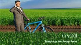  Presentation with green nature - PPT layouts enhanced with businessman-rides-a-bicycle background and a forest green colored foreground