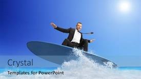  Presentation with wave - PPT theme enhanced with businessman-riding-a-surfboard background and a  colored foreground