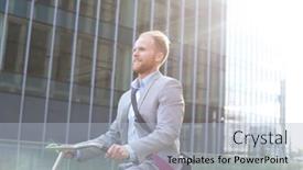  Presentation with bicycle - Beautiful slide deck featuring businessman-riding-bicycle-outside-office backdrop and a  colored foreground