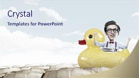  Presentation with rubber duck - PPT theme having businessman riding yellow rubber duck background and a sky blue colored foreground