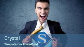  Presentation with superhero - Cool new PPT theme with businessman ripping off his shirt with superhero sign on his chest concept on background backdrop and a ocean colored foreground