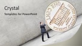  Presentation with hill - Colorful presentation theme enhanced with businessman rolling cent coin up the hill backdrop and a light gray colored foreground